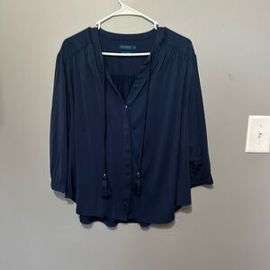 Biltmore, Navy Blouse, Silky-Feel, Tassels at Neckline, Size Large, EUC!!
